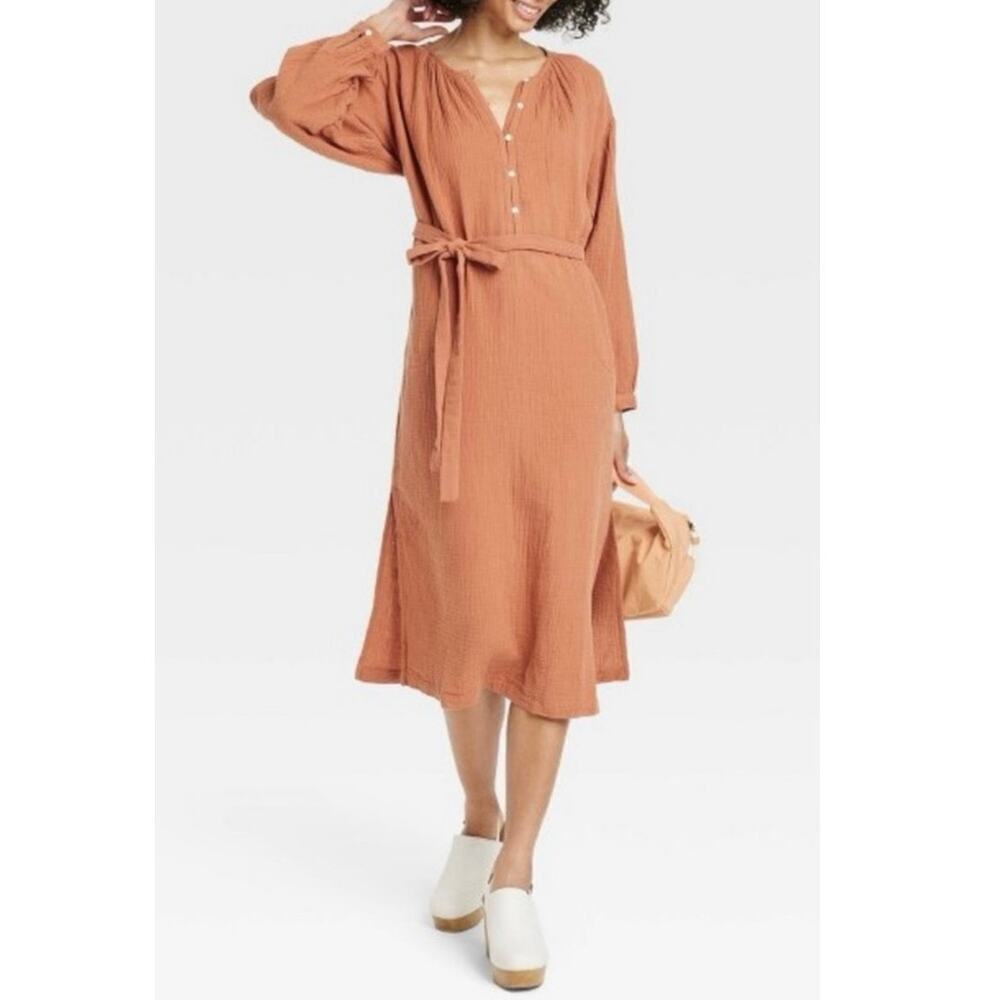 Women's Universal Thread Rust Balloon Sleeve Shirtdress - M